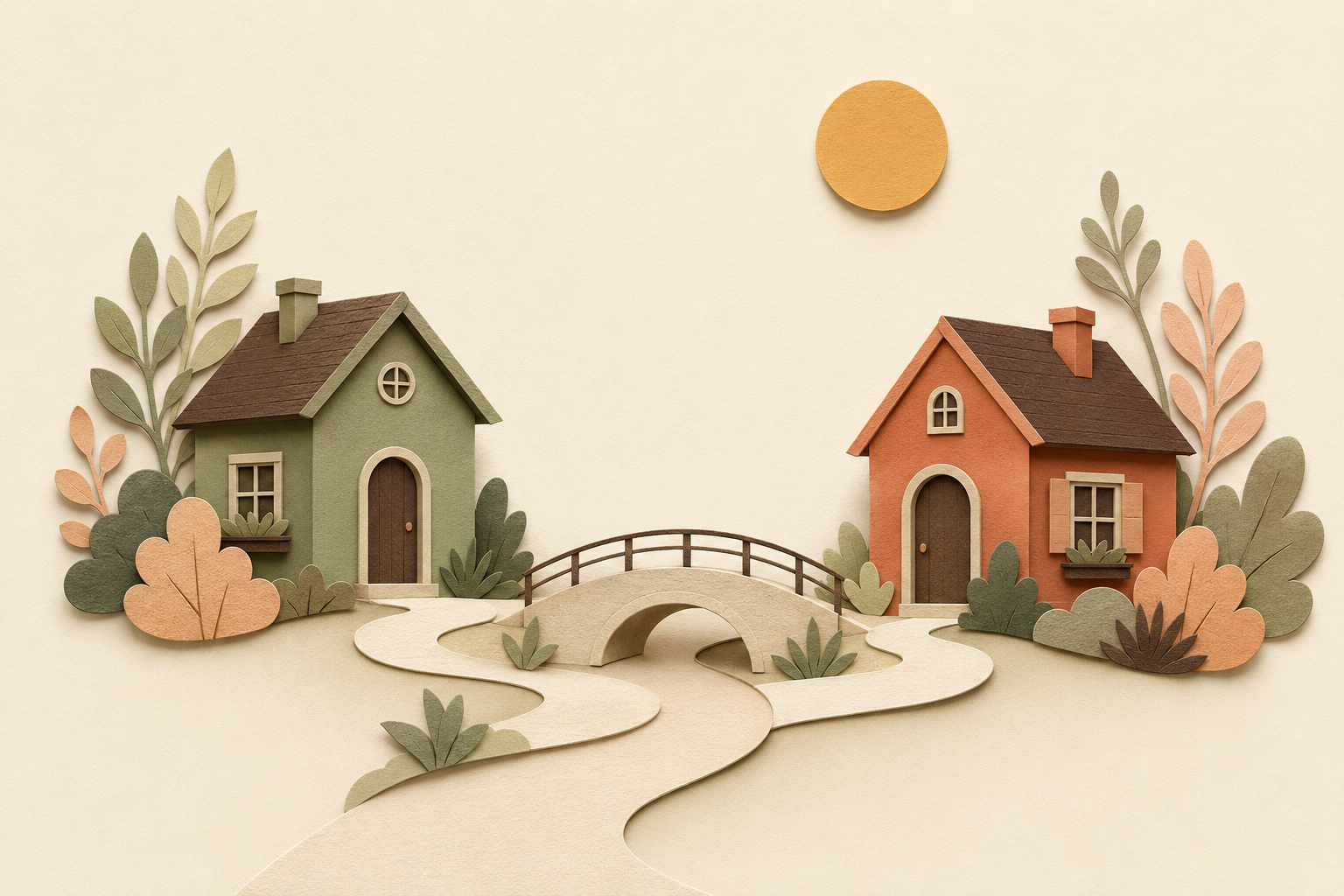 Two paper-cut homes connected by a calm shared path